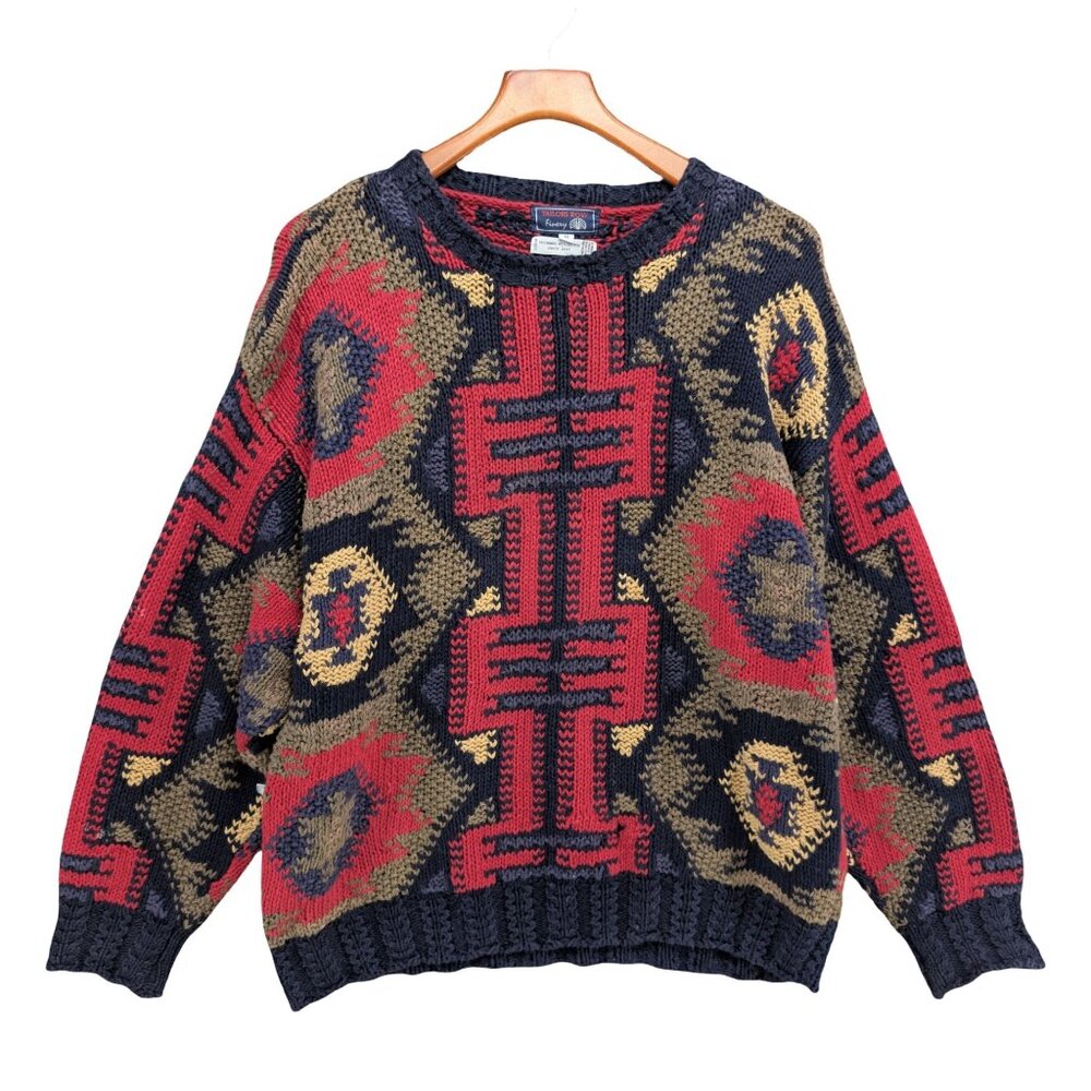 Vtg Tailors Row Finery Sweater Mens Red Blue Chunky Hand Knit Cosby Sweater Sz M